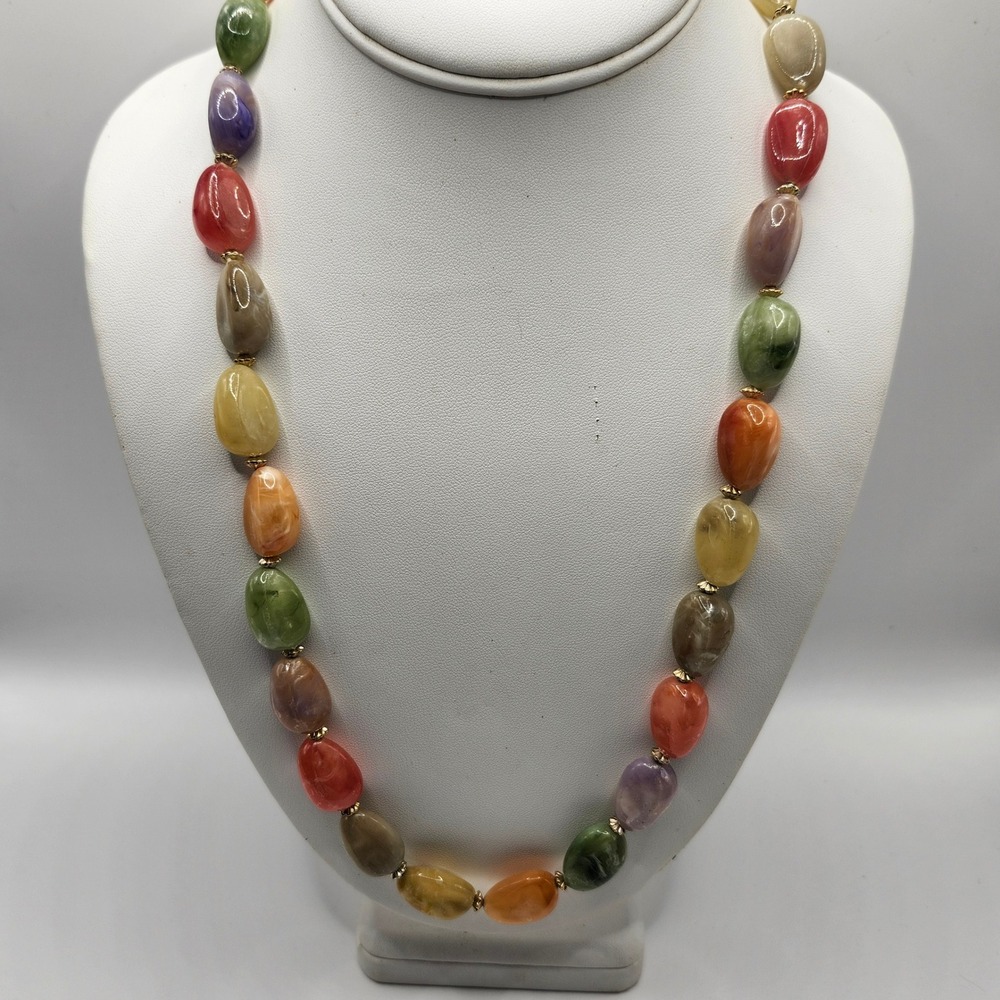 Vintage Multi Color Faux Stone Bead Necklace Gold Tone Barrel‎ Clasp Chunky Boho